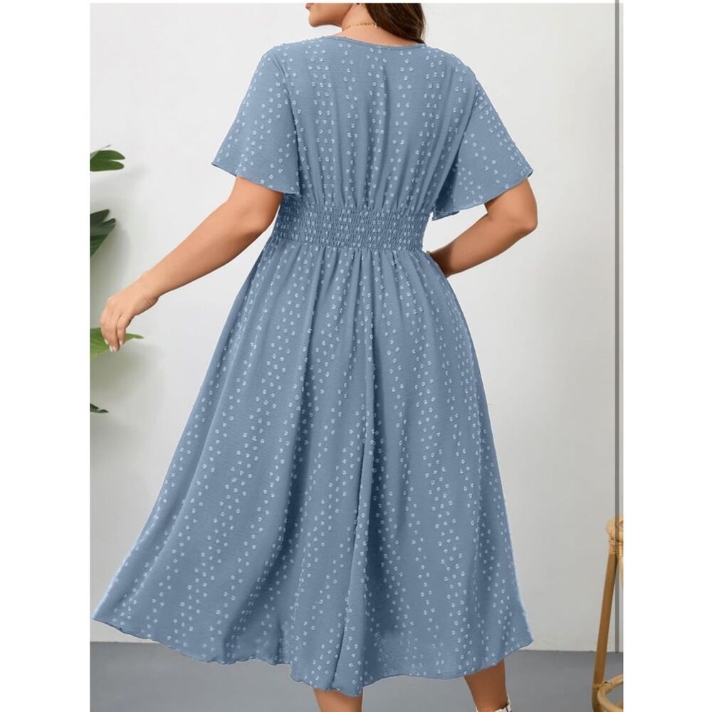 NWT -Maxi Dress V Neck Swiss Dot A Line High Waist Boho Swing Dresses - Picture 2 of 3